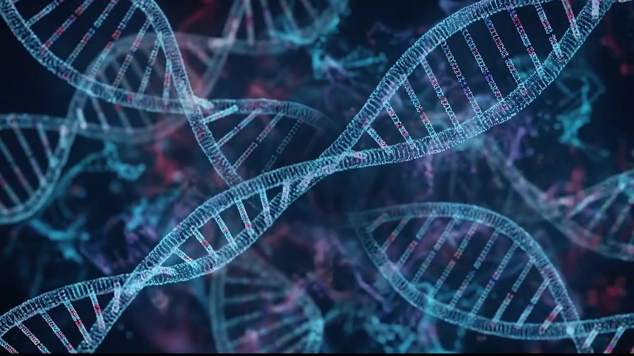 Animazione digitale di eliche di DNA rotanti in uno spazio scientifico