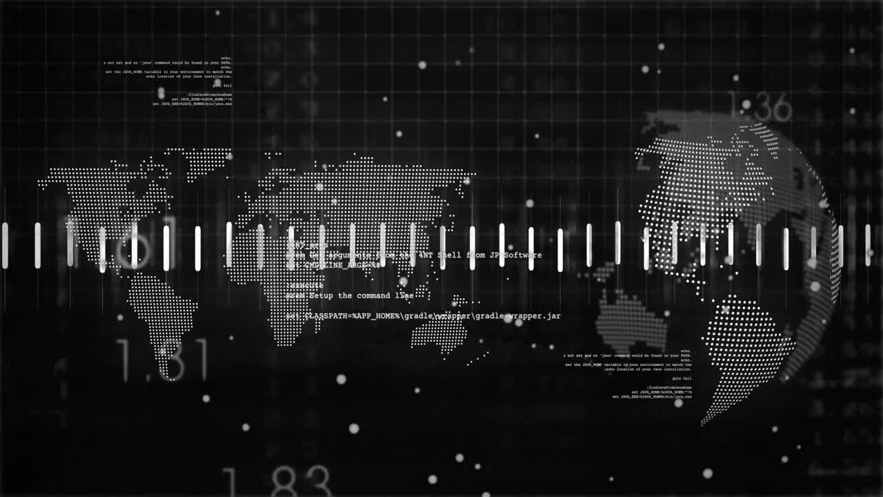 On code flickering, dotted map and globe animating data bars and polyline tracing trends