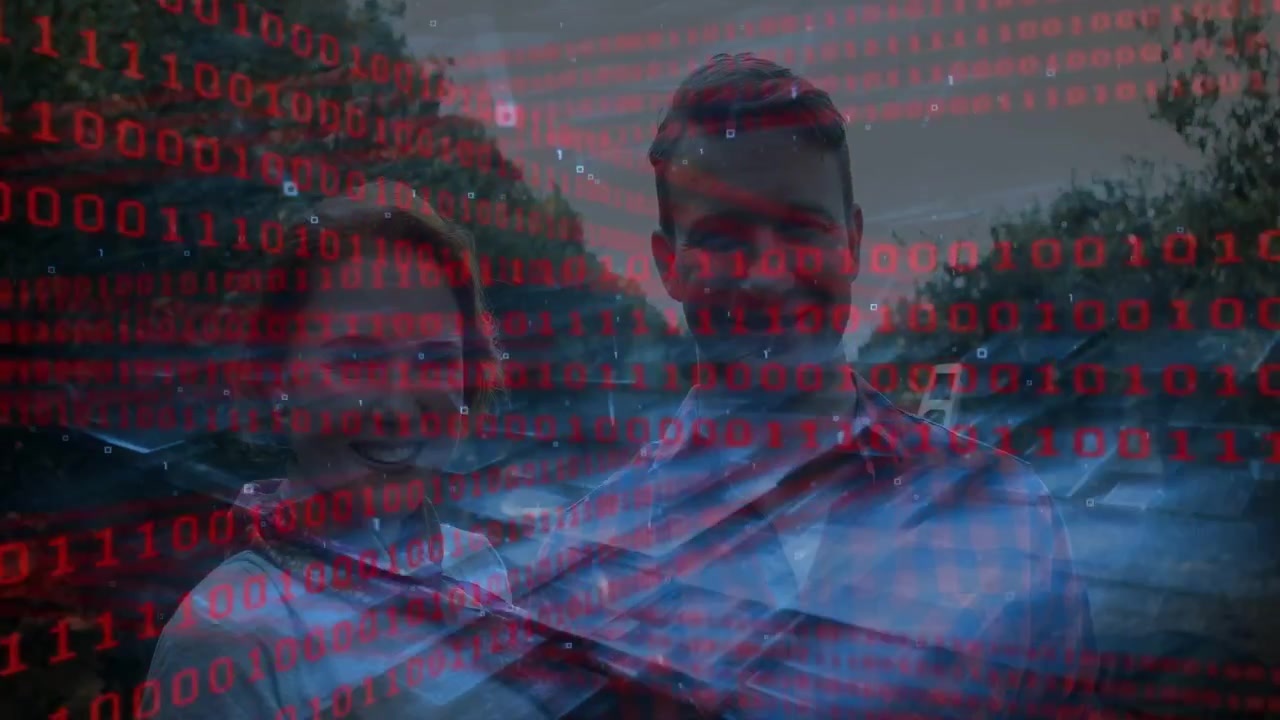Red binary scrolling down blue streaks sweeping causing couple moving leaning closer smiling posing