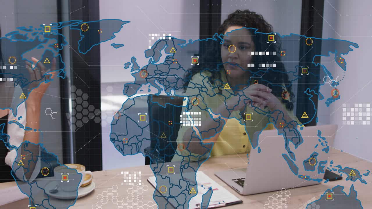 Woman leading business meeting, presenting data via laptop, initiating map overlay obscuring team