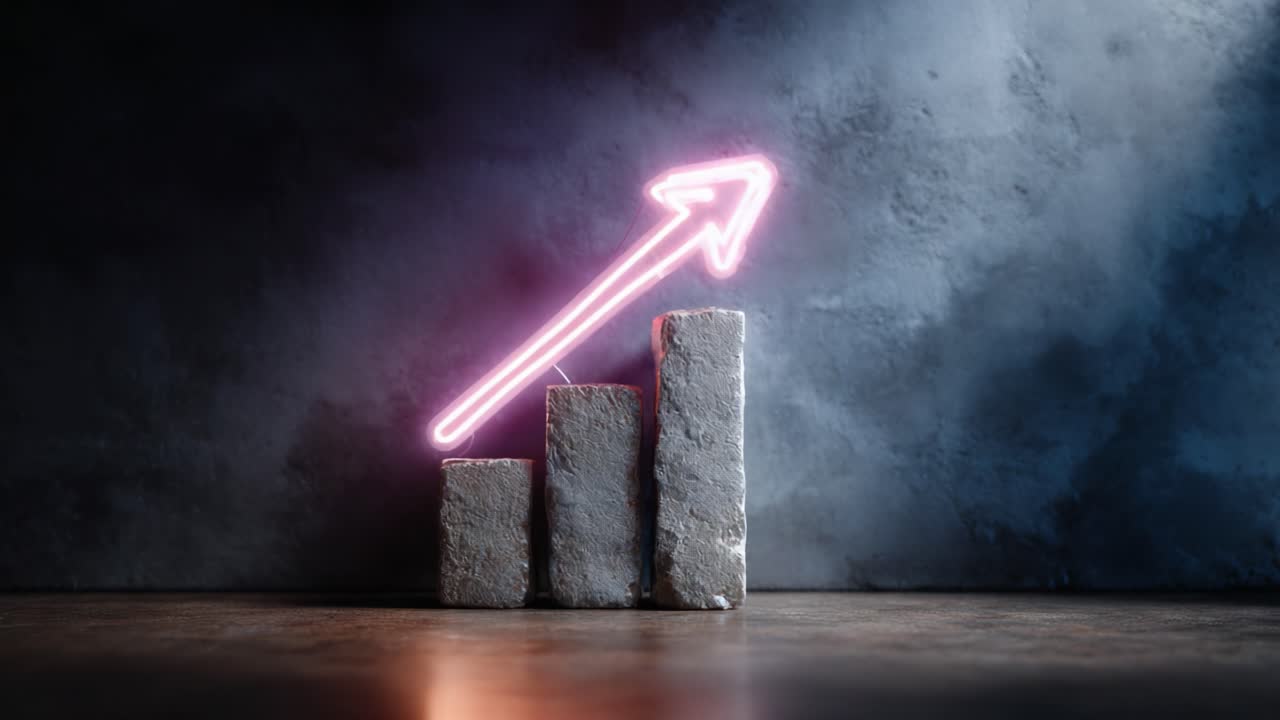 A Striking Visual Representation of Growth and Progress: Three Stone Blocks with a Vibrant Neon Arrow Highlighting Upward Momentum in an Artistic Setting
