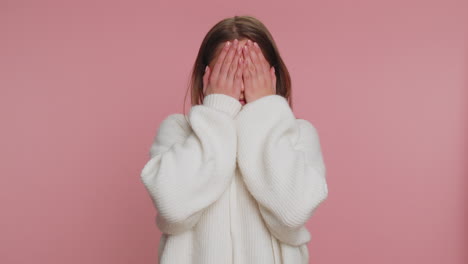 Shocked-young-adult-woman-closing-eyes-with-hand-showing-stop-gesture,-confused-shy-scared-to-watch