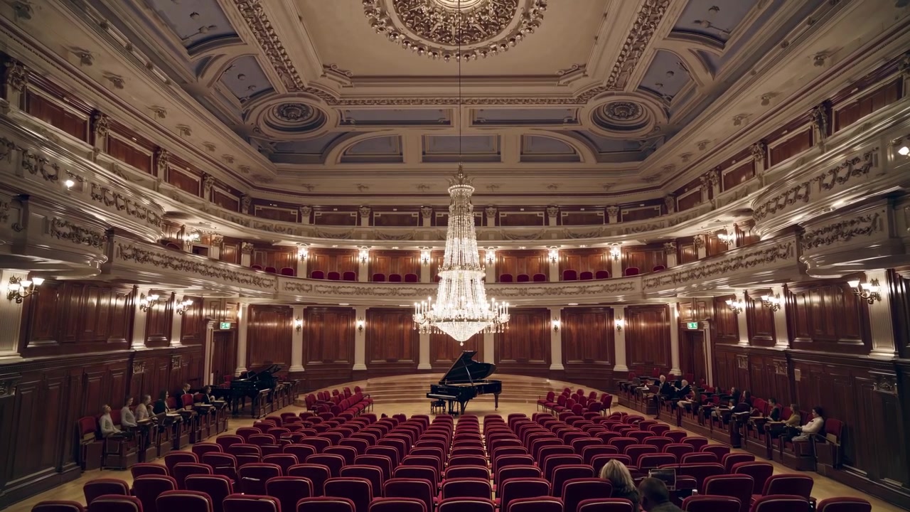 Interieur van grote concertzaal met lege rode stoelen en vleugel