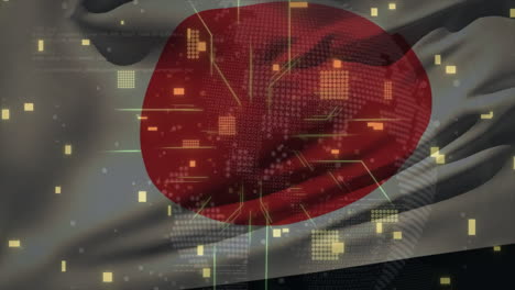 animation of flag of japan, digital data processing over computer circuit board