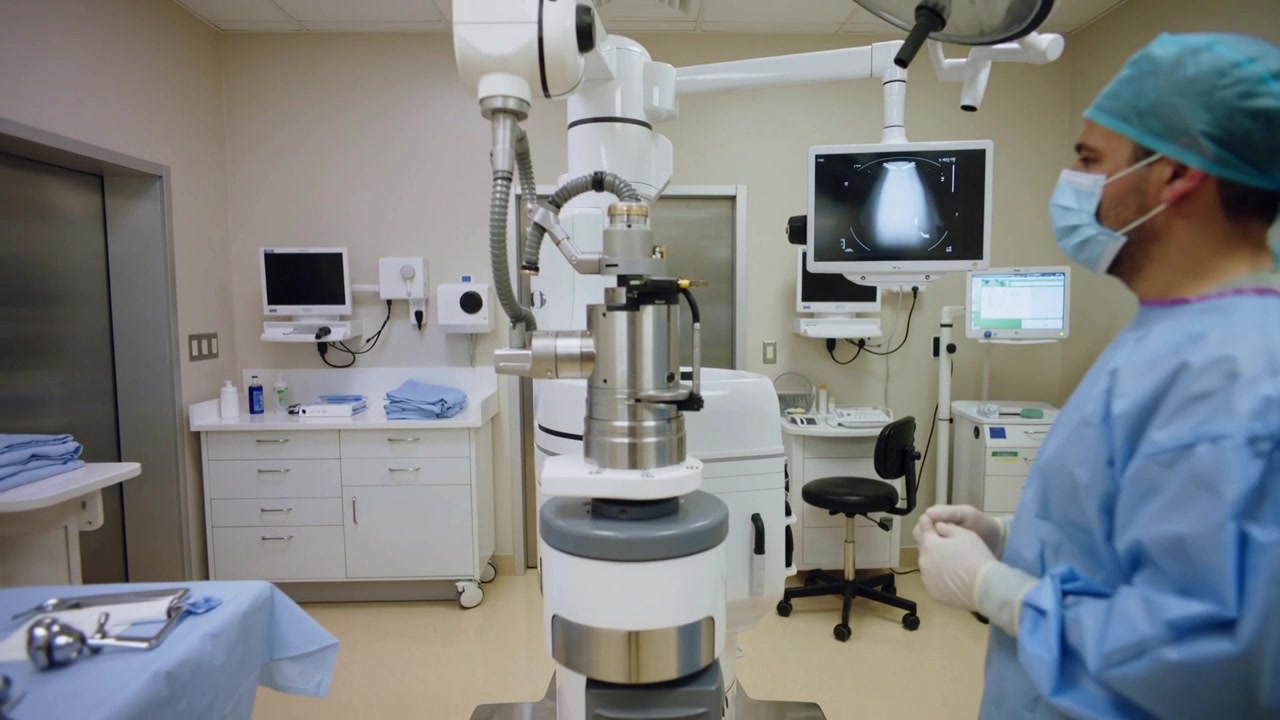 Pulling back camera revealing robotic unit in OR, clinician in scrubs aligning controls for surgery