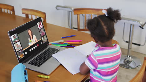 composite video of girl using laptop with interface of diverse class and teacher in online lesson