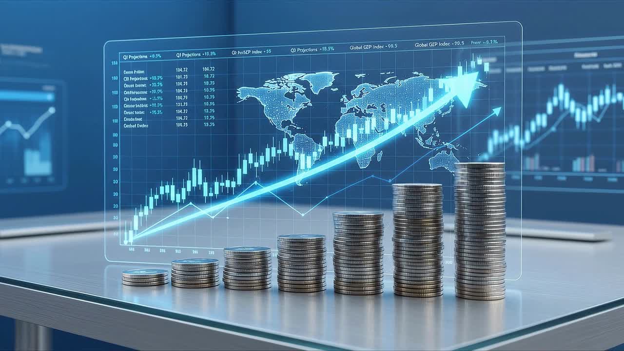 Pinotut kolikot kasvavat digitaalisen rahoituskaavion ja maailmankartta-kojelautan vieressä, mikä kuvastaa talouskasvua ja investointeja.