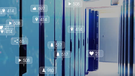 in modern facility, animation of social media notifications overlaying data servers