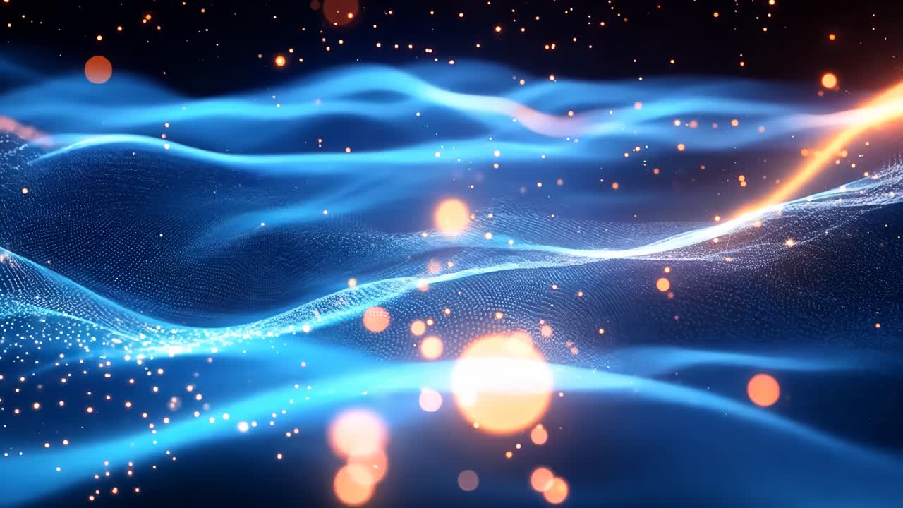 A blue and orange wave with many small dots. The blue and orange colors create a sense of movement and energy