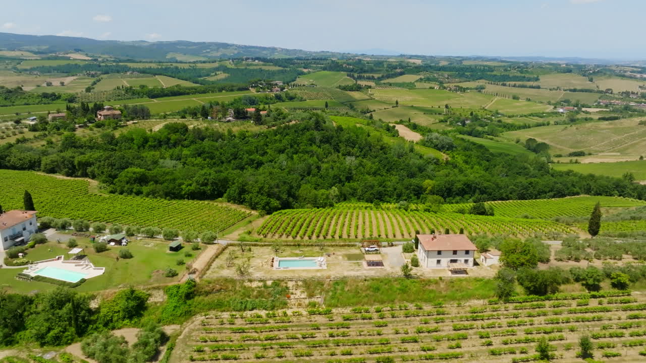 Drone shot following a camper passing Tuscan countryside homes, summer in Italy