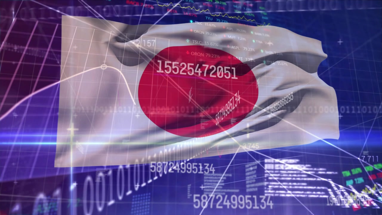 on digital grid starting Japanese flag rippling under streaming data showing market trends