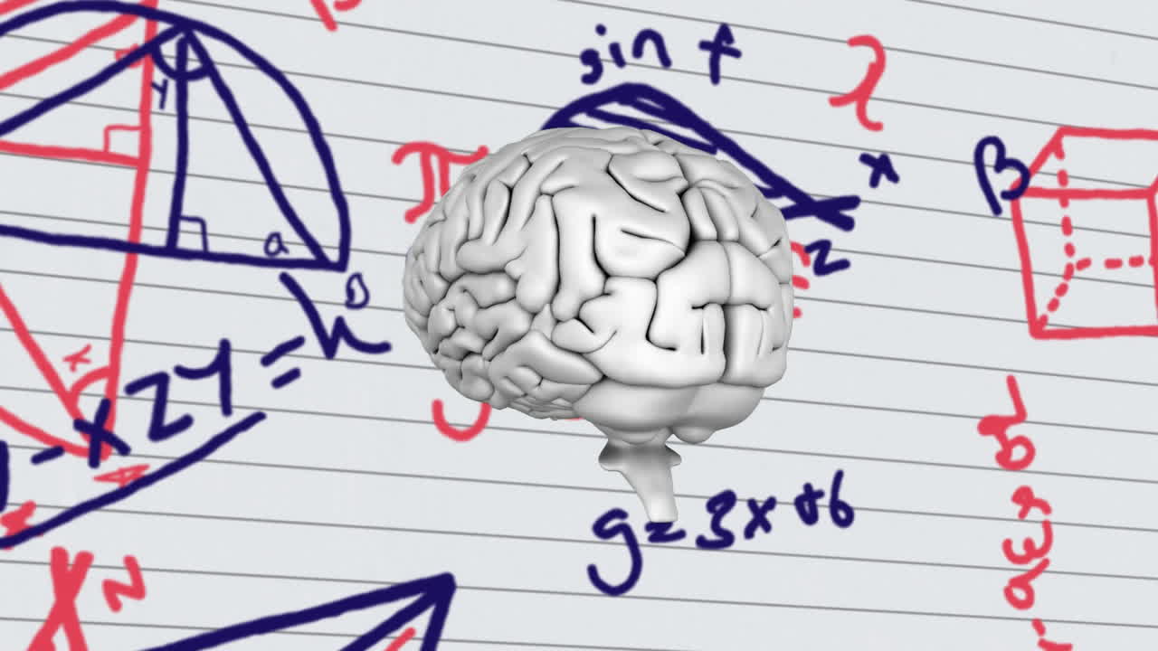 el cerebro girando contra ecuaciones matemáticas y diagramas en papel de línea blanca