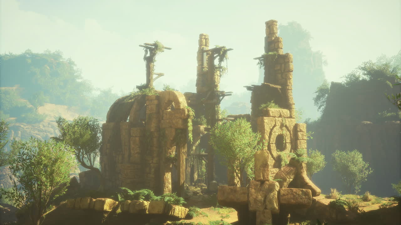 Ancient ruins surrounded by lush greenery in a tranquil landscape