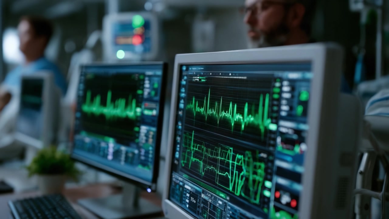 Stasiun Pemantauan Medis Canggih Menampilkan Tanda Vital dalam Bentuk Tabel dengan Data Detak Jantung Real-Time yang Ditampilkan di Layar Resolusi Tinggi dalam Lingkungan Perawatan Kesehatan