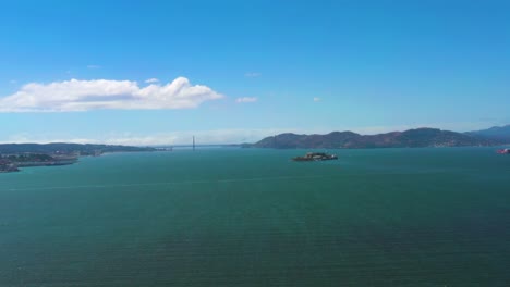 San-Francisco-Bay-Area,-Aerial-Panning-of-City-Coastline,-Alcatraz-Island,-and-Golden-Gate-Bridge