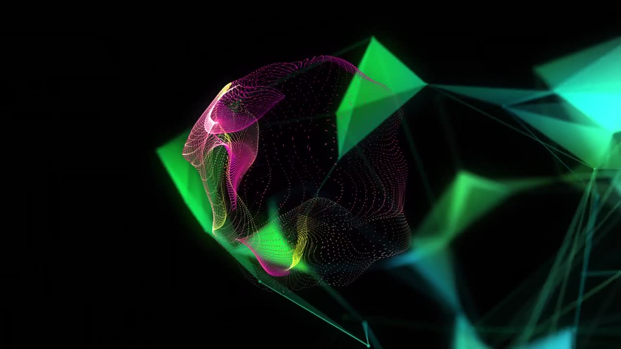 Animation of shapes and network of connections on black background