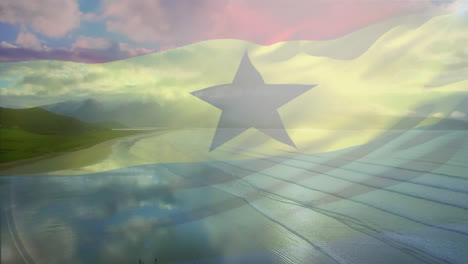 Animation-of-flag-of-ghana-blowing-over-beach-landscape