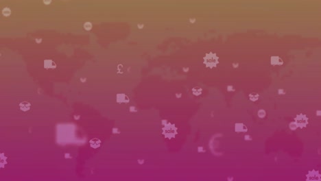 Animation-of-multiple-digital-icons-floating-over-world-map-against-pink-gradient-background