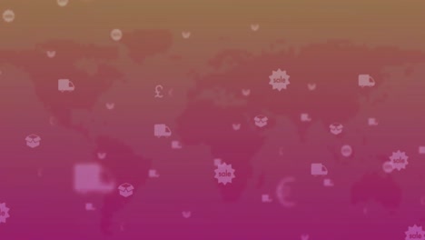 animación de múltiples iconos digitales flotando sobre el mapa del mundo contra un fondo de gradiente rosa