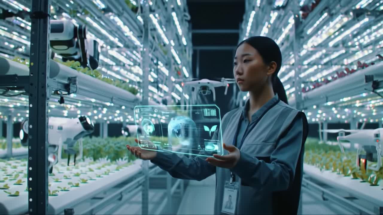 Exploring Innovations in Vertical Farming Technology: A Focused Observer in a High-Tech Greenhouse Monitoring Plant Growth with Advanced Data Displays