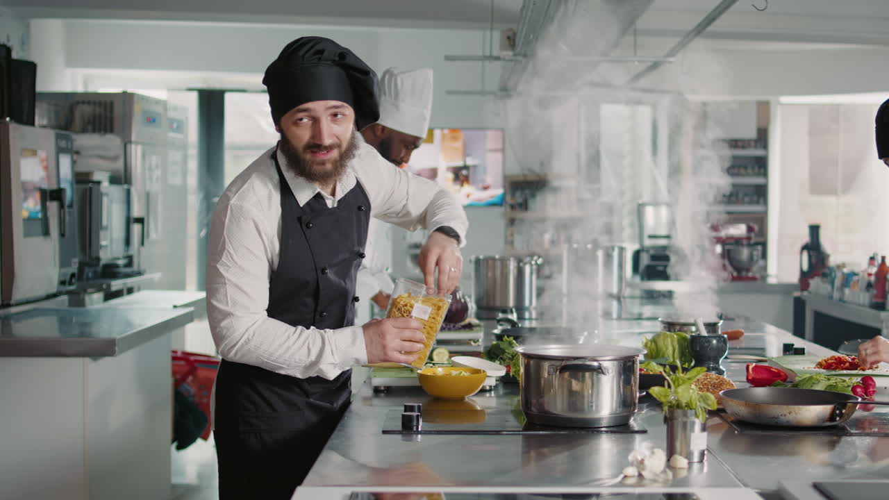 Authentic cook doing cooking show lesson on camera in kitchen