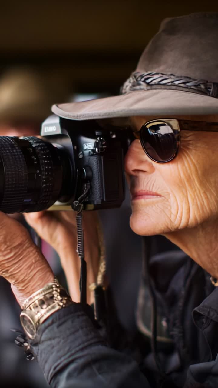 Elderly woman captures the moment with a camera, showcasing her photography skills and passion, highlighting dedication and artistry in a vintage style