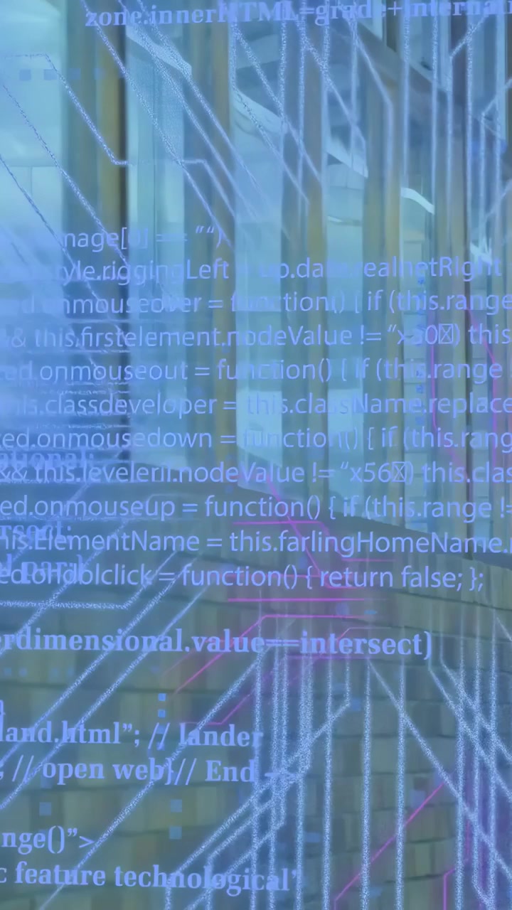Vidéo verticale : Des étudiants marchent dans un couloir, du code néon monte sur les côtés et s'estompe, illustrant l'edtech.