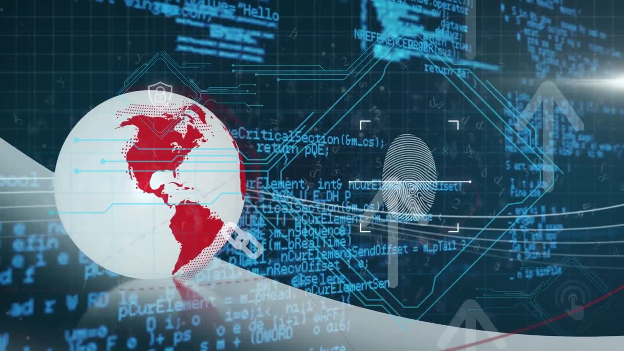 데이터 처리 및 회전하는 지구의 애니메이션과 생체 측정 지문 스캐너