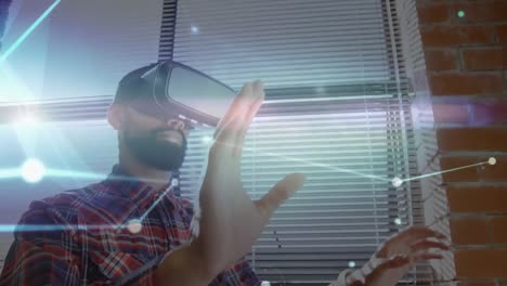 Animation-Eines-Netzwerks-Von-Verbindungen-über-Einem-Mann-Mit-VR-Headset