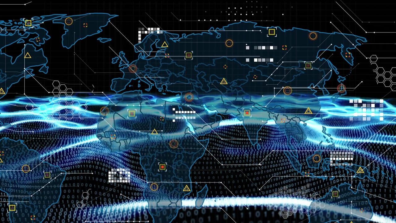 Animation of world map, icons and waves on black background