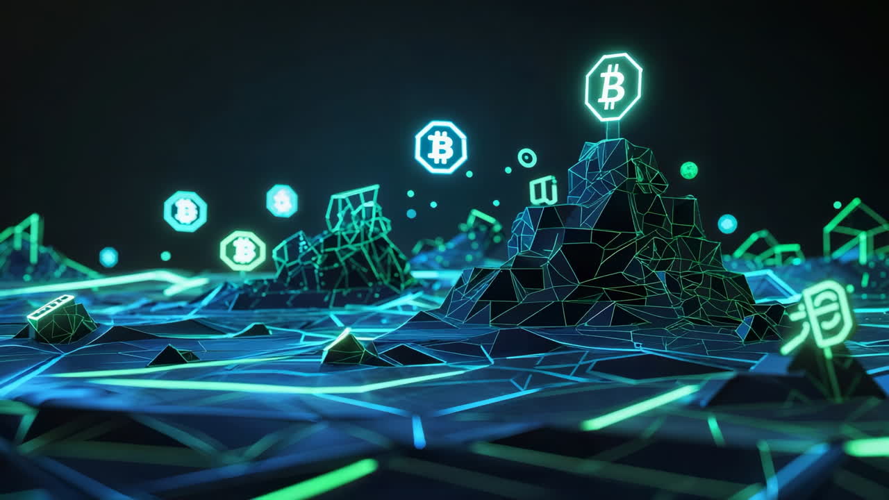 Digital Landscape with Neon Bitcoin Symbols