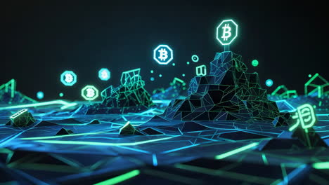digital landscape with neon bitcoin symbols