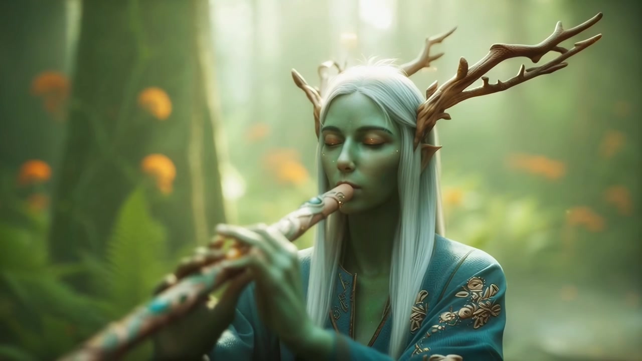 Fantasy Elf Playing Flute in Enchanted Forest