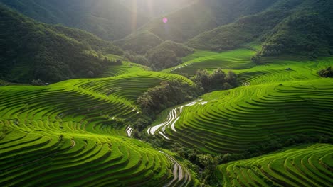 breathtaking aerial view of lush green terraced rice fields bathed in golden light, emphasizing nature's beauty and sustainable farming practices in harmonious landscape