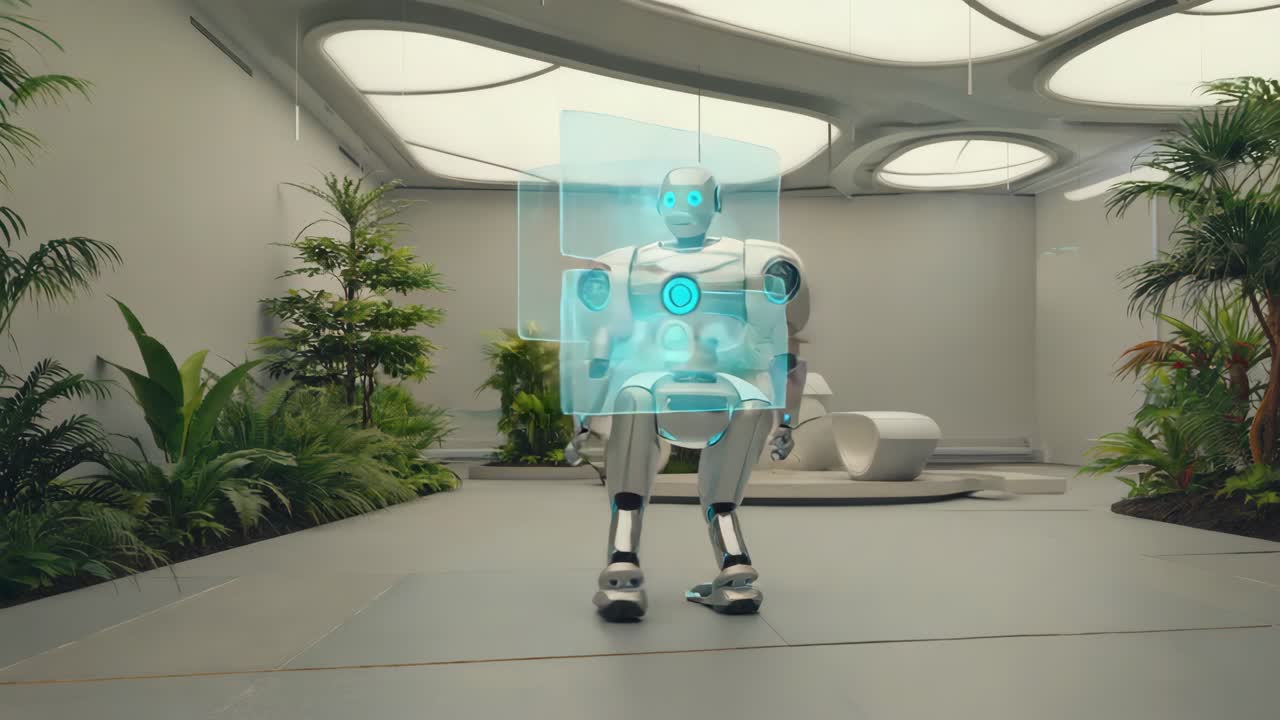 Futuristic Robot with Holographic Display in a Modern Interior