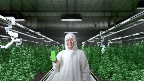 asian marijuana researcher smiling and showing green screen smartphone to camera while standing in the marijuana greenhouse with smart robotic farmers