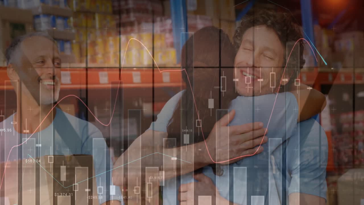 procesamiento de datos estadísticos sobre diversos voluntarios masculinos y femeninos abrazándose en el almacén