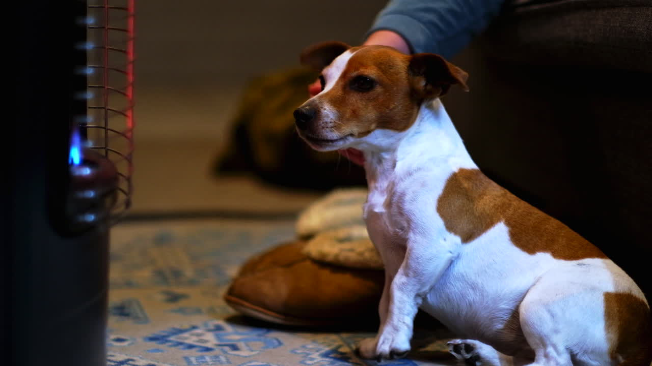 mujer mascotas pequeño jack russell terrier disfrutando del calor del calentador de gas en la alfombra