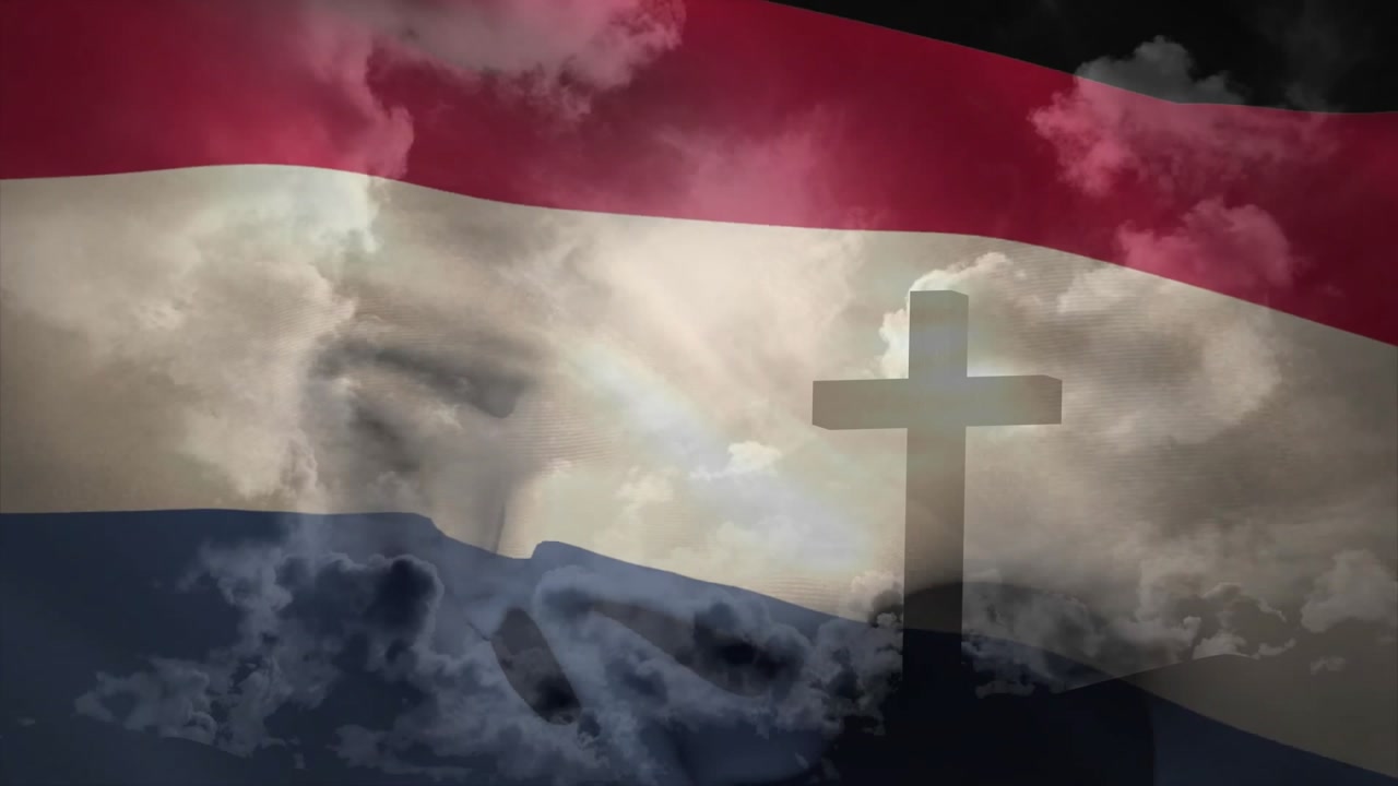 On loop start flag stripes rippling around cross silhouette while clouds drifting symbolizing unity