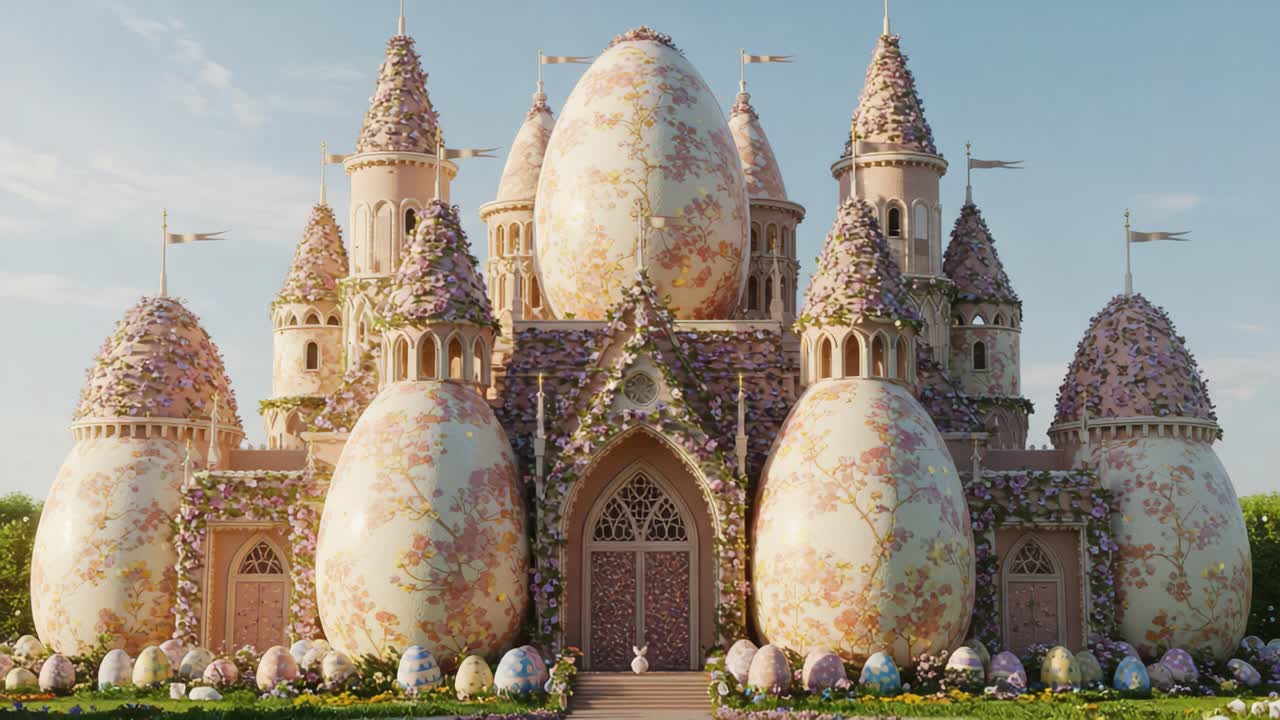 A Magnificent Floral Egg Castle Surrounded by Elegant Ornamental Eggs, Showcasing a Stunning Blend of Nature and Fantasy in a Vibrant Colorful Landscape