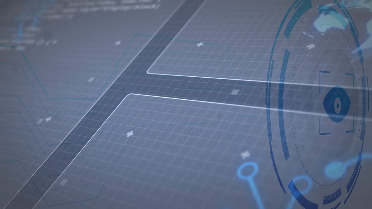 Animated UI showing pattern, featuring blue-gray grid, connectors, plus-sign icons and circular HUD