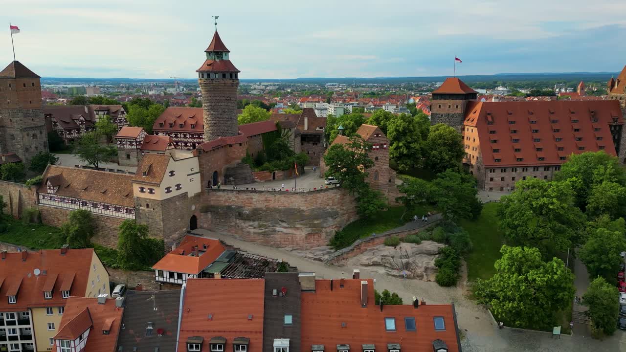 4K Aerial Drone Video of the Imperial Royal Palace and Gardens in Downtown Nurnberg, Germany