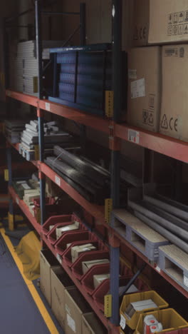 a warehouse with shelves filled with boxes and other items