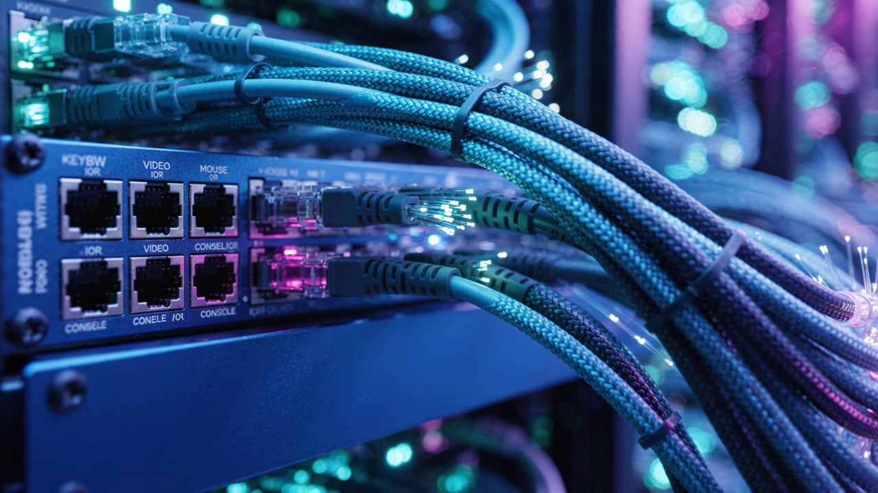 Network Infrastructure Cables and Switches in a Data Center: A Close-Up View of High-Tech Connectivity and Data Communication Components with Vibrant Lighting