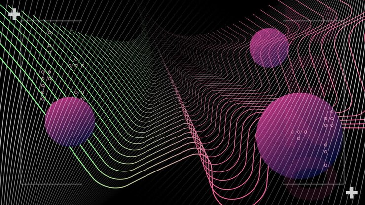 Animation of floating curved multi coloured lines and purple spheres on black background