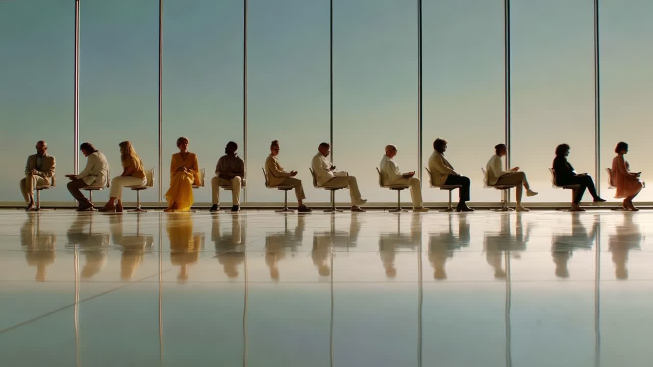 A Thoughtful Gathering of Individuals Seated in a Modern Space, Silhouetted Against a Serene Sky and Reflecting on an Engaging Experience or Story, Evoking a Sense of Anticipation and Reflection