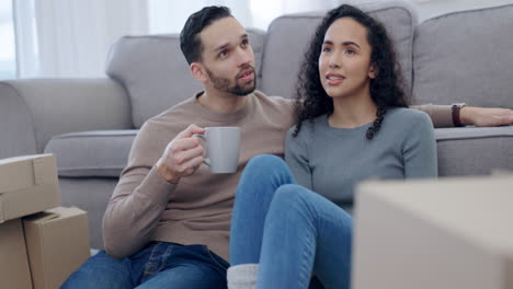 couple, coffee and new home on floor