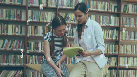 digital numbers and symbols float around teacher and student reading in a library.