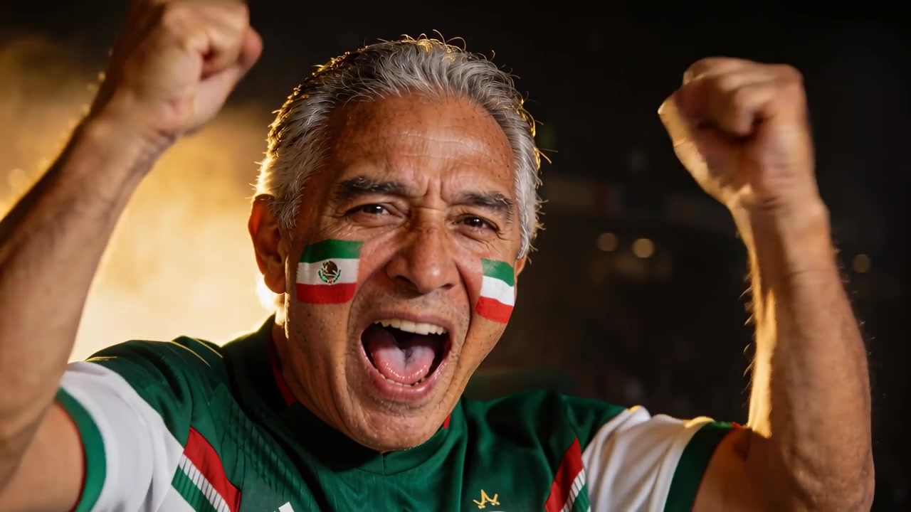 Tifoso anziano che esulta, alzando i pugni allo stadio dopo un gol, con indosso una maglia verde e pittura facciale messicana.