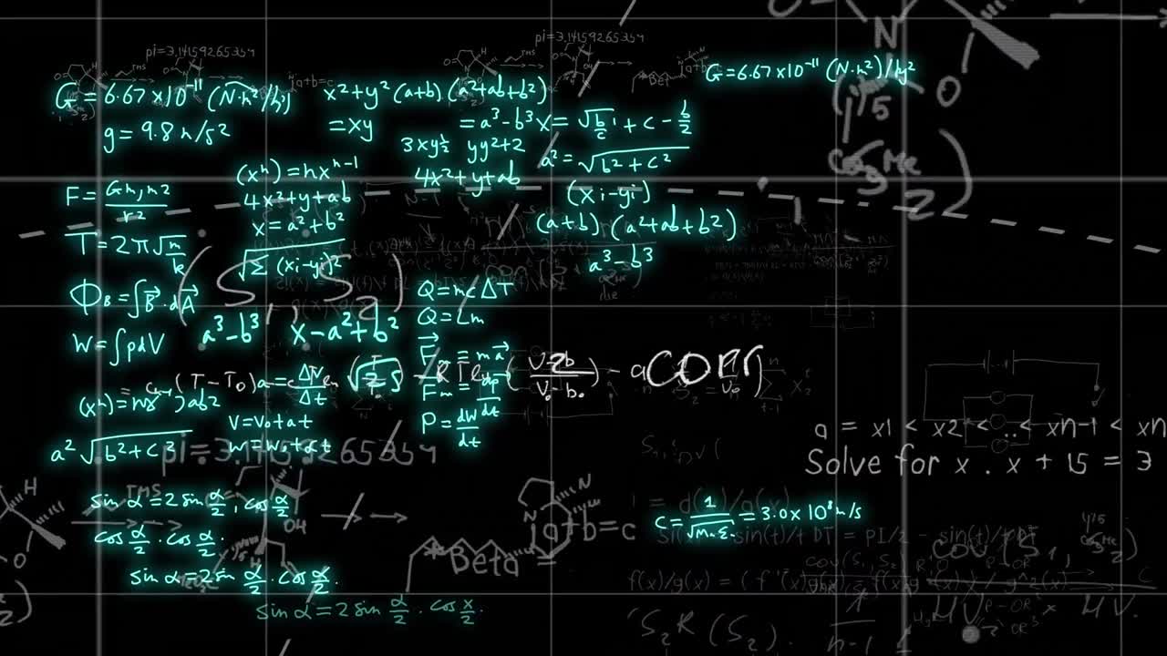 Animation of mathematical formulae and scientific data processing over black background
